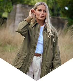 Woman wearing a green jacket in an outdoor setting