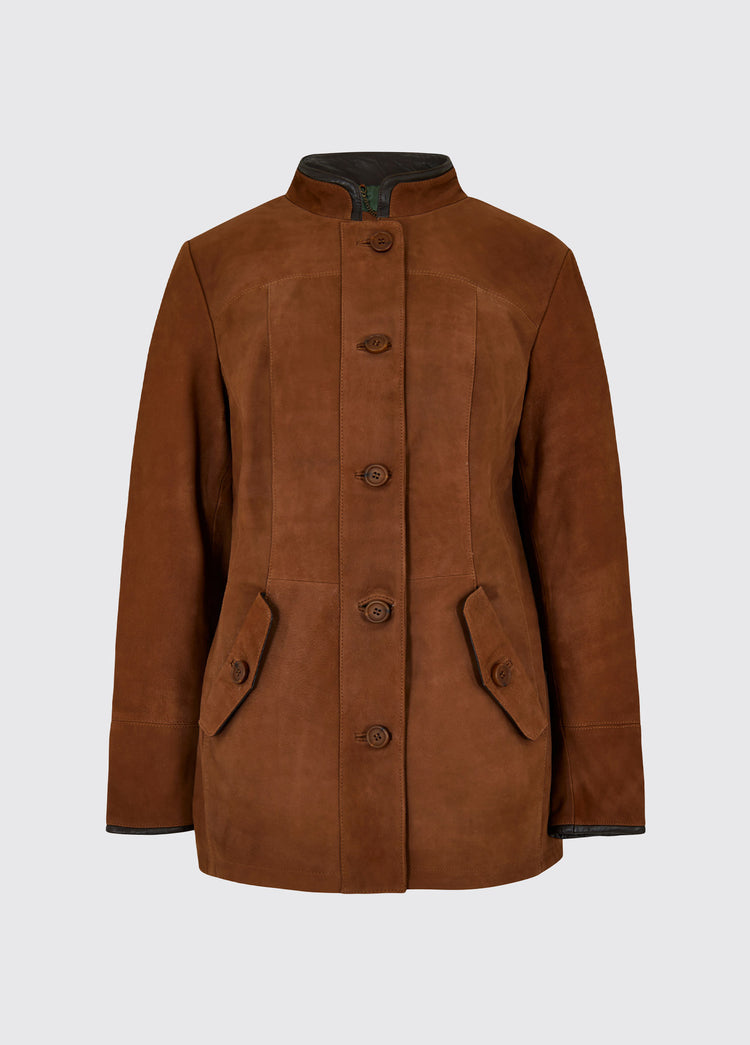 Dubarry Joyce women's mid length chestnut brown coloured leather jacket with buttons