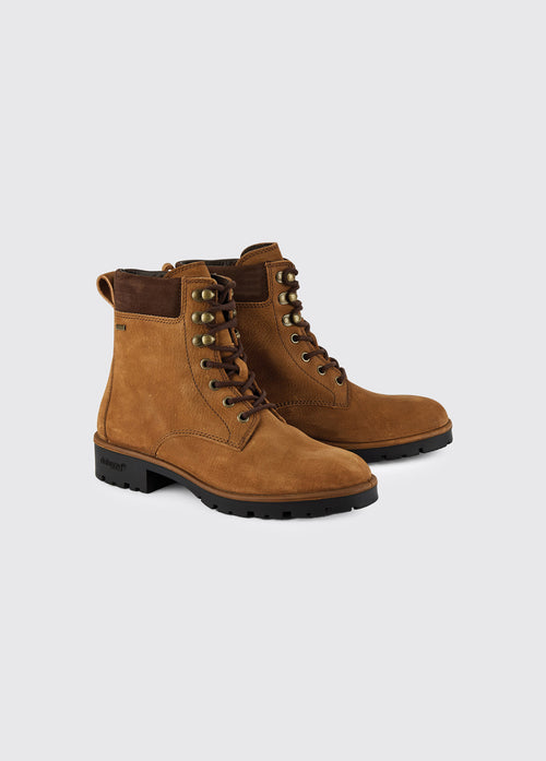 Pair of Dubarry Strokestown brown leather women's short boots with brown padded collar, leather finger pull at the back and full laced up front with ski hooks