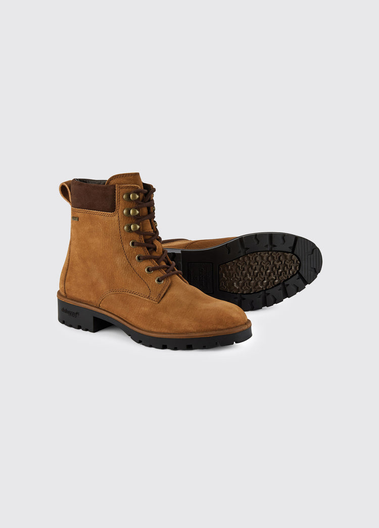 Dubarry Strokestown brown leather women's short boot with brown padded collar, leather finger pull at the back and full laced up front with ski hooks. Boots angled to show the boot's sole