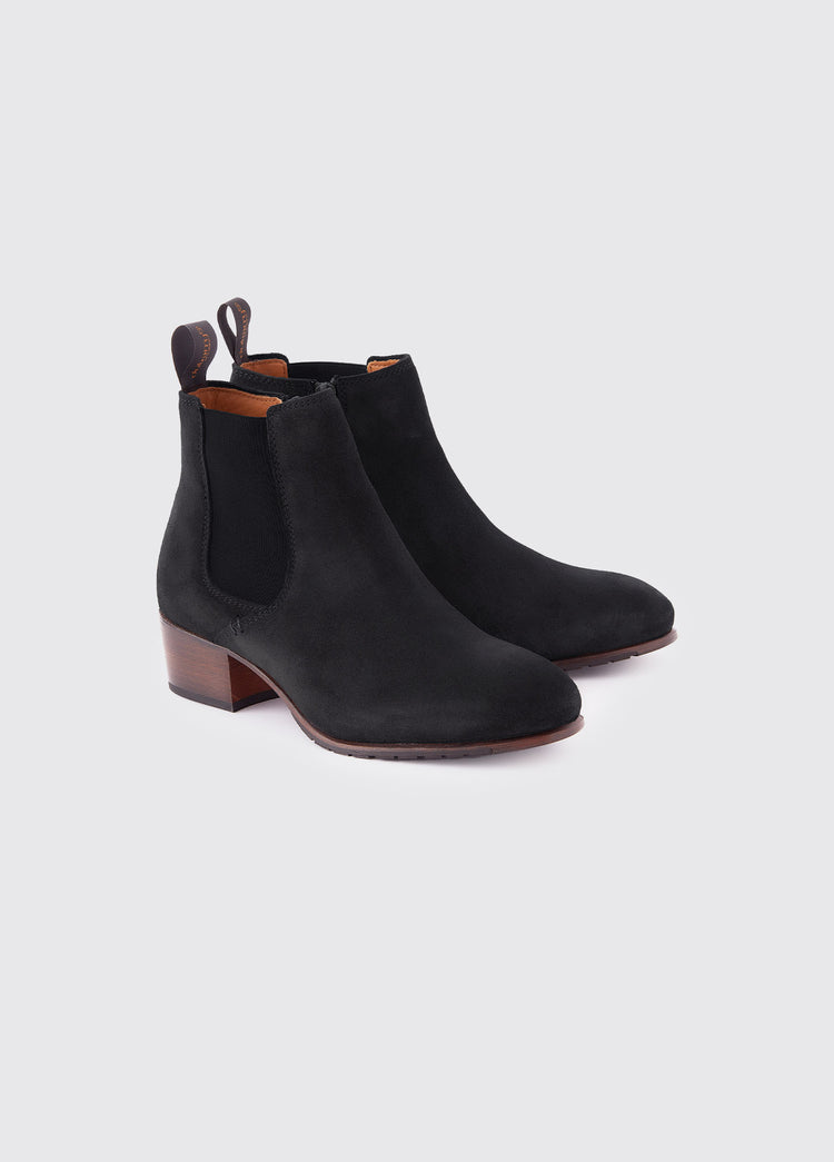 A pair of Dubarry Bray Chelsea boots for women, Black Suede coloured leather with elasticated side gussets with front and heel finger pulls