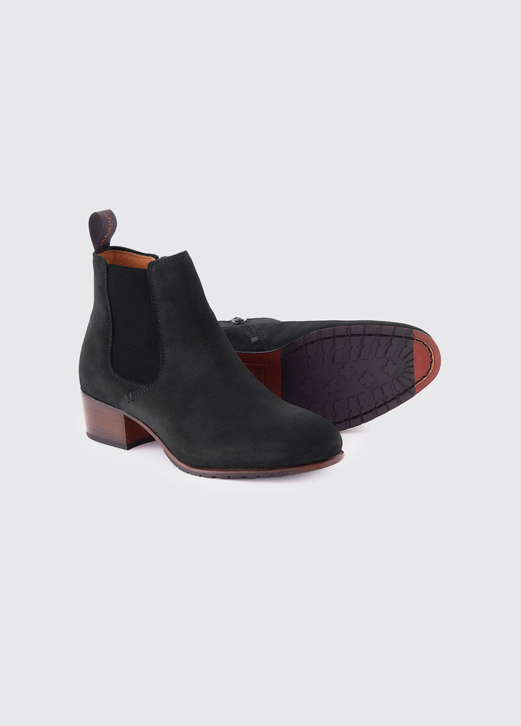 Pair of Dubarry Bray Chelsea Boot for women, Black Suede coloured leather with elasticated side gussets with front and heel finger pulls, boots are displayed to show one boot's sole