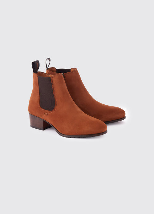 A pair of Dubarry Bray Chelsea boots for women, Camel brown coloured leather with elasticated side gussets with front and heel finger pulls