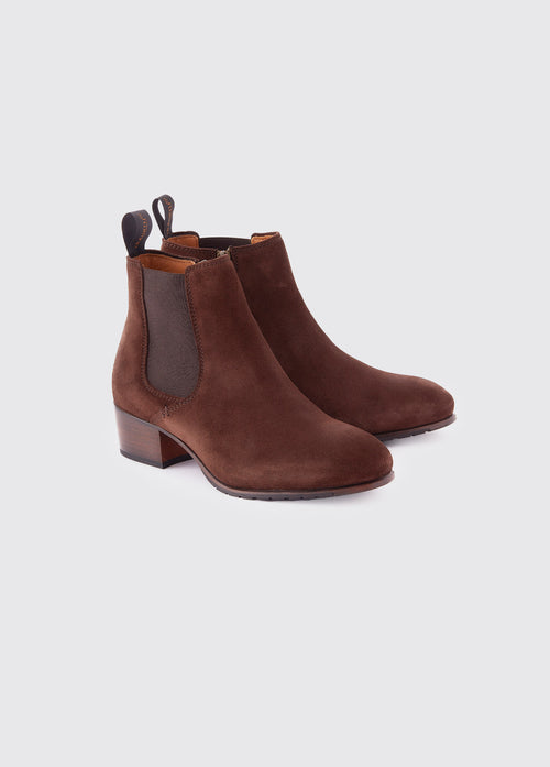 A pair of Dubarry Bray Chelsea boots for women, cigar brown coloured leather with elasticated side gussets with front and heel finger pulls