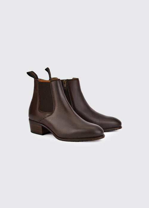 A pair of Dubarry Bray Chelsea boots for women, old rum brown coloured leather with elasticated side gussets with front and heel finger pulls