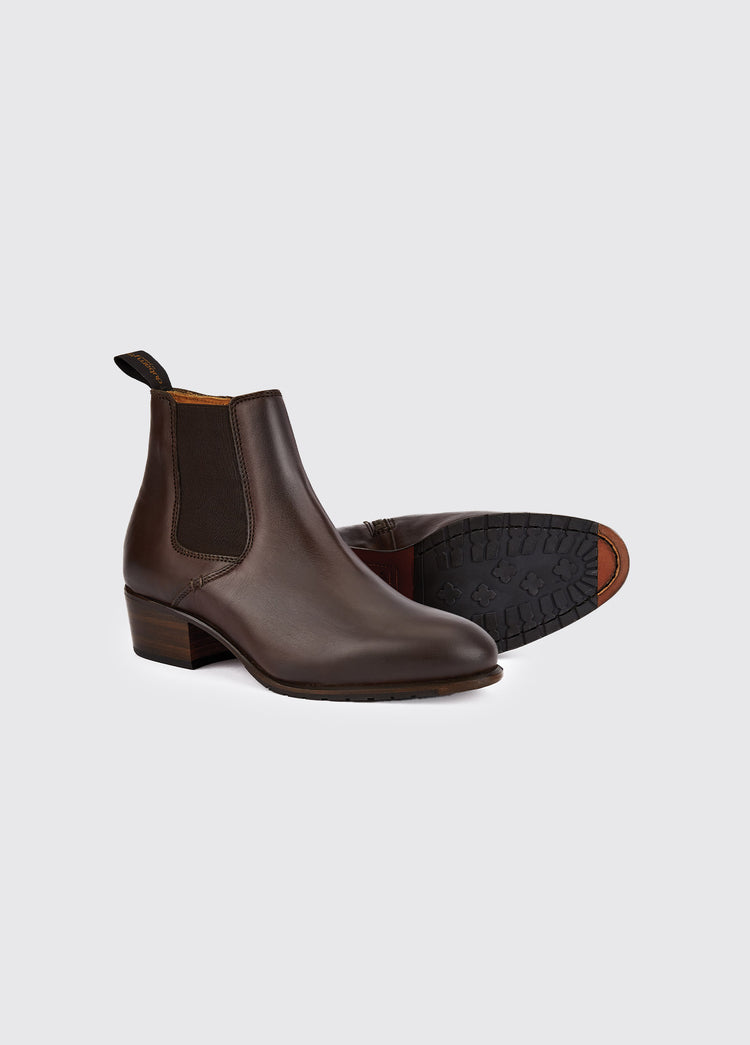 Pair of Dubarry Bray Chelsea Boot for women, old rum brown coloured leather with elasticated side gussets with front and heel finger pulls, boots are displayed to show one boot's sole