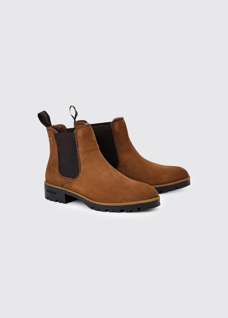 Dubarry Kicommon Chelsea boots for women, walnut coloured leather chelsea boots with ridged elasticated side gussets and finger pull at the back