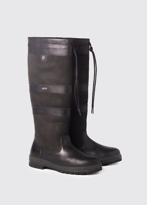 Pair of Dubarry womens knee-high black leather Galway Country Boot with laced top