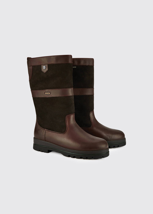 A pair of Dubarry ladies Donegal Country Boot, black and brown leather ski style boot with finger pull