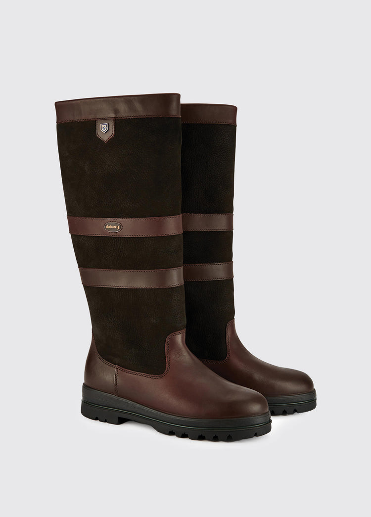 A pair of full length Dubarry ladies Kilternan Country Boots, black and brown ski style leather boot 