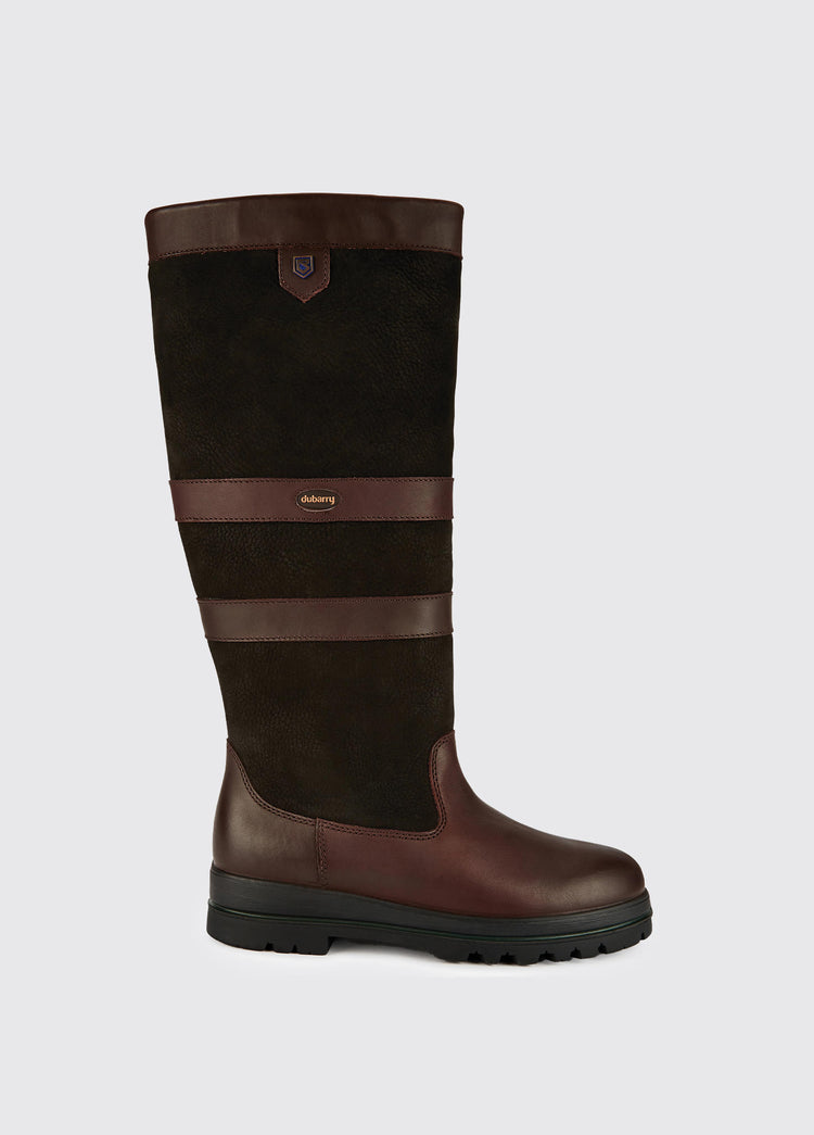 A angled side view of a Dubarry ladies Kilternan Country Boot, black and brown ski style leather boot