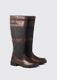 Pair of Dubarry Longford country boot, knee high black and brown leather heeled boots with buckles
