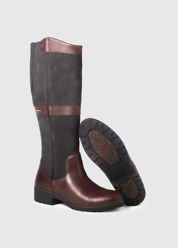 Pair of Dubarry knee-high walnut brown Sligo leather Country Boots with full zip with one boot sole showing