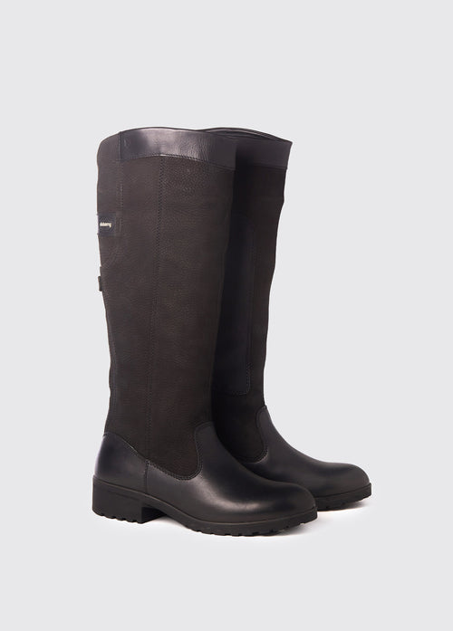 A pair of black Dubarry Clare leather country boots, knee high length with leather protection pad on inside leg