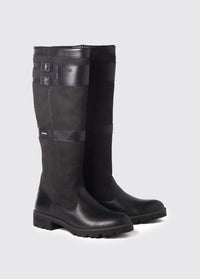 Pair of Dubarry Longford country boot, knee high black leather heeled boots with buckles