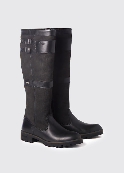 Pair of Dubarry Longford country boot, knee high black leather heeled boots with buckles