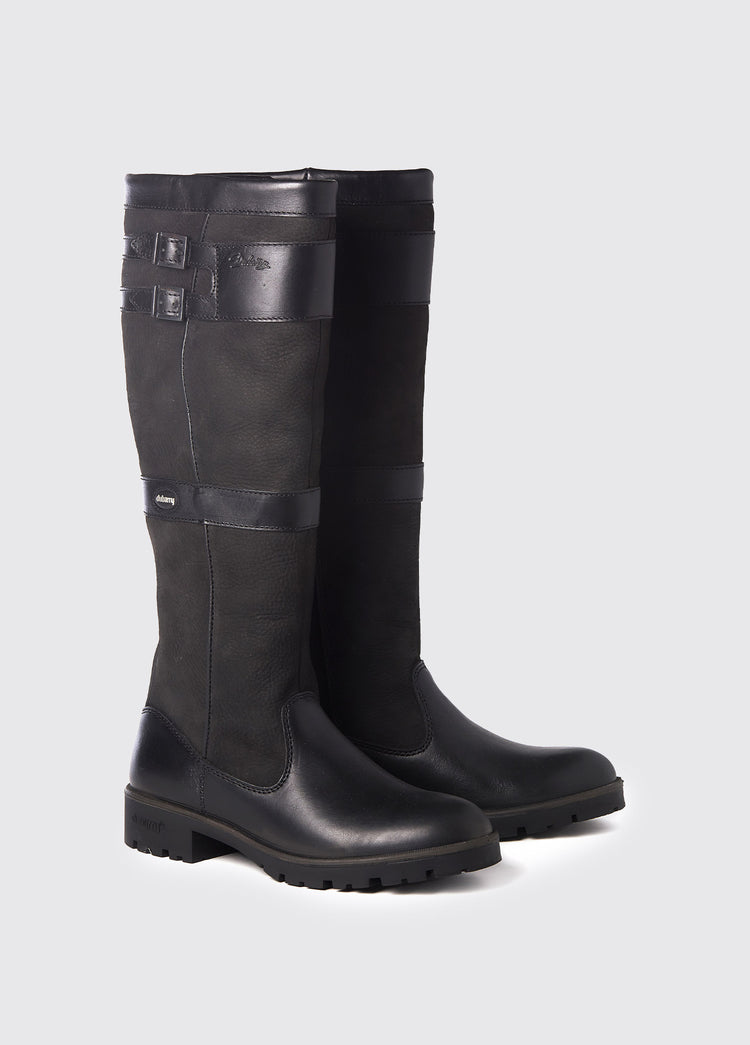 Pair of Dubarry Longford country boot, knee high black leather heeled boots with buckles