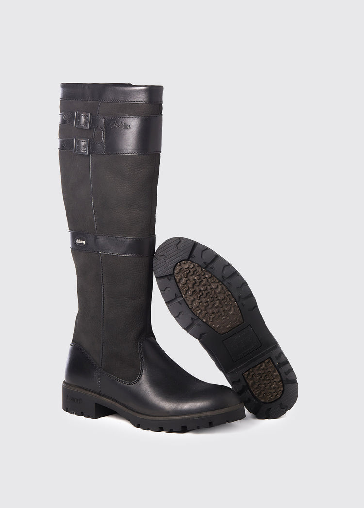Pair of Dubarry Longford Country Boot, knee high black leather heeled boots with buckles, displayed to show one boot's sole