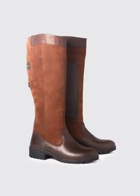 A pair of walnut brown Dubarry Clare leather country boots, knee high length with leather protection pad on inside leg