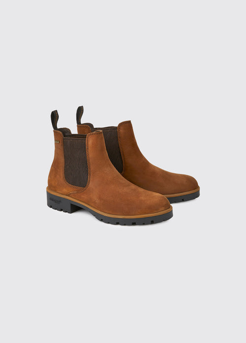 Dubarry Clonliffe Chelsea boots for women, walnut coloured leather chelsea boots with ridged elasticated side gussets and finger pull at the back