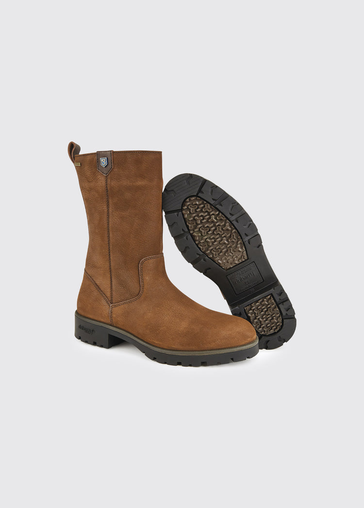 Pair of Dubary Killarney walnut brown country boots, a calf height boot with a heeled sole. Boots are positioned to show one boot's sole