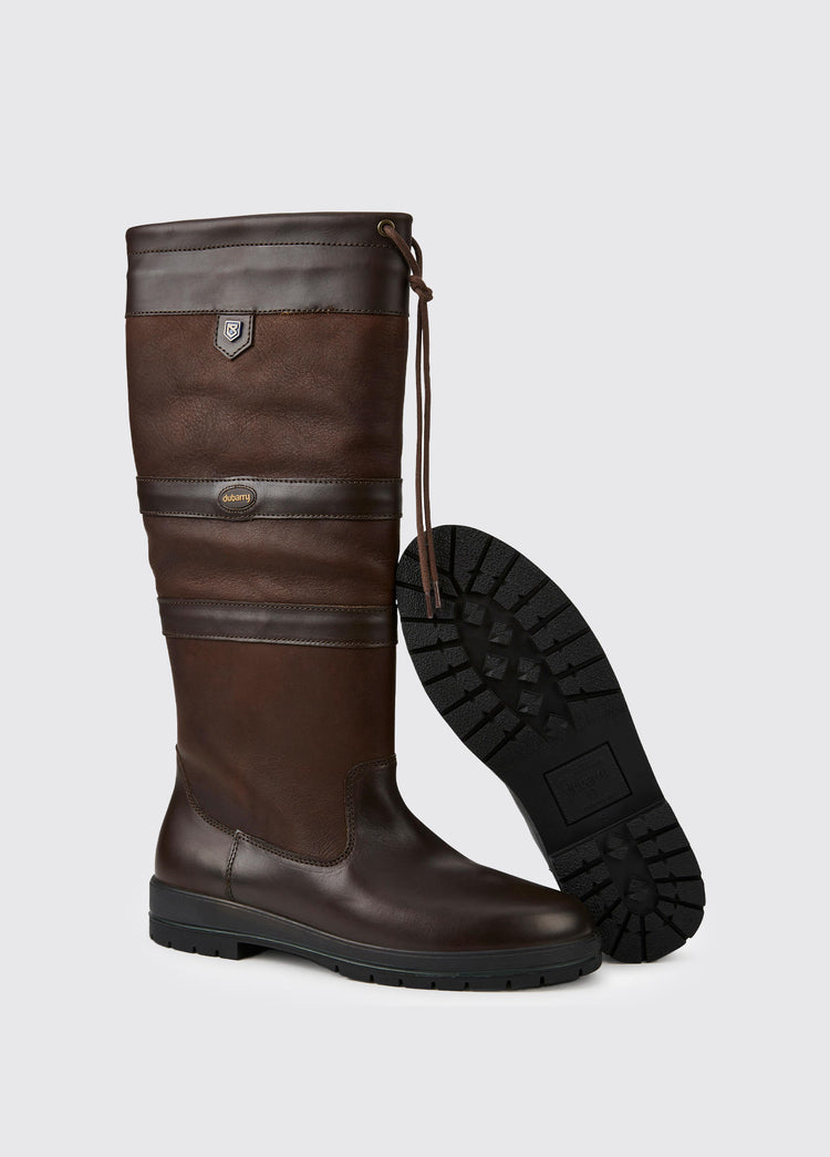 Dubarry ladies knee-high mocha brown leather Galway Country Boot with laced top with one boot sole showing