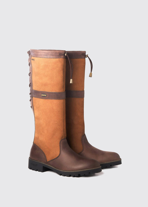 Pair of Dubarry ladies Glanmire adjustable calf country boot, brown knee high leather heeled boot with elasticated back and laced top