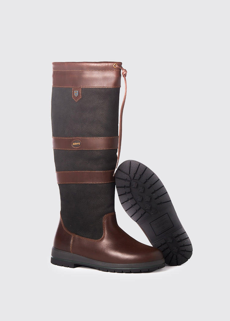 Dubarry ladies knee-high black and brown leather Galway Country Boot with laced top and wider calf fit with one boot sole showing
