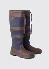 Wider calf fitting Dubarry ladies knee-high navy and brown leather Galway Country Boot with laced top