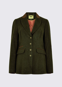 Dubarry women's Rockberry Tweed loden Blazer with brass buttons and stripe sleeves.
