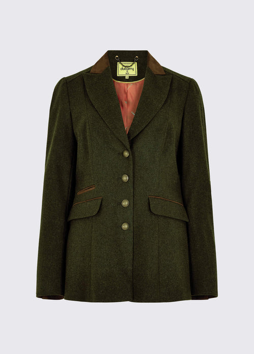Dubarry women's Rockberry Tweed loden Blazer with brass buttons and stripe sleeves.