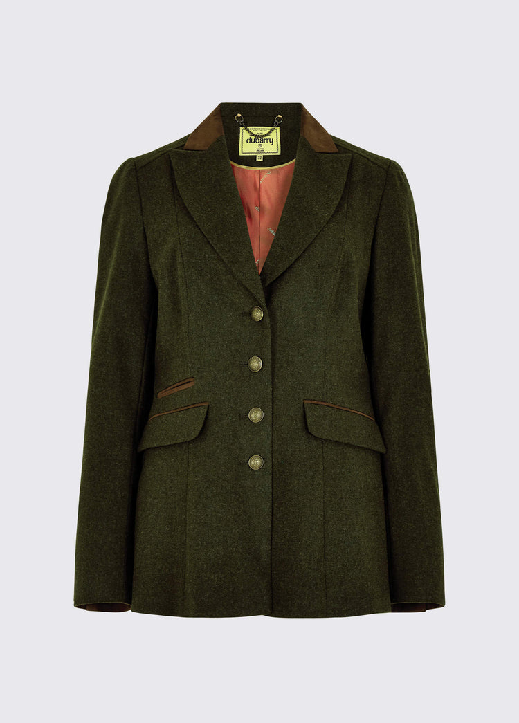 Dubarry women's Rockberry Tweed loden Blazer with brass buttons and stripe sleeves.