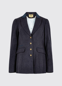 Dubarry women's Rockberry Tweed Navy Blazer with brass buttons and stripe sleeves.