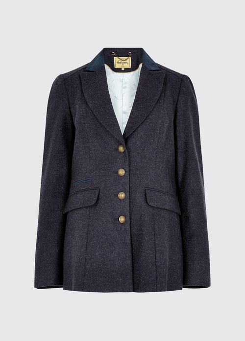 Dubarry women's Rockberry Tweed Navy Blazer with brass buttons and stripe sleeves.