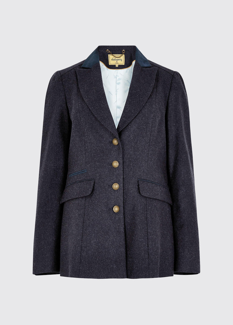 Dubarry women's Rockberry Tweed Navy Blazer with brass buttons and stripe sleeves.