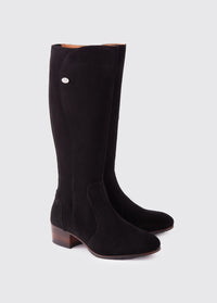 A pair of Ladies Dubarry knee-high Black Suede Downpatrick Country Boot with Full length zip fastening.