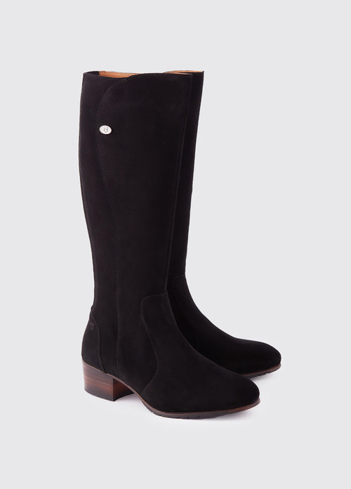 A pair of Ladies Dubarry knee-high Black Suede Downpatrick Country Boot with Full length zip fastening.