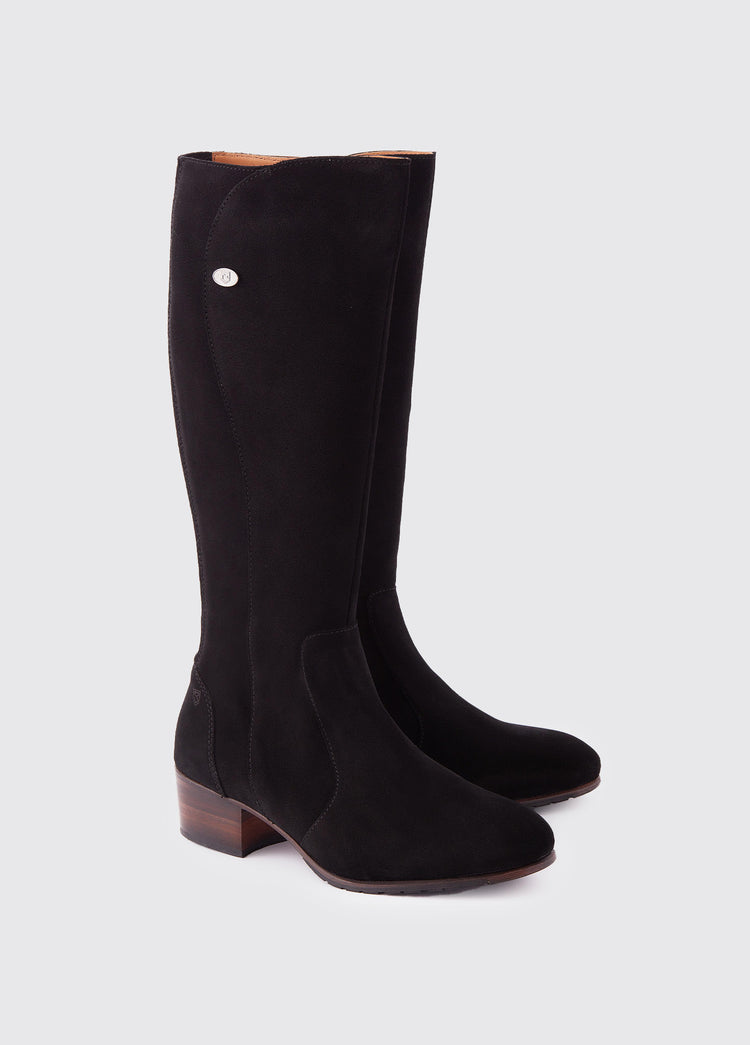 A pair of Ladies Dubarry knee-high Black Suede Downpatrick Country Boot with Full length zip fastening.