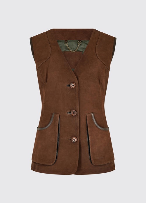 A Dubarry Allendale walnut brown coloured Leather gilet for women with pockets and buttons