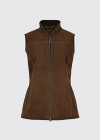 Dubarry Kingston leather gilet, the walnut brown coloured gilet has pockets and a leather trim