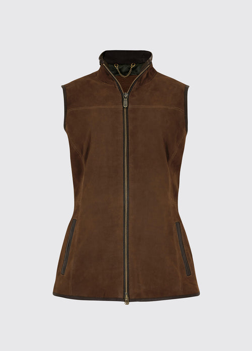 Dubarry Kingston leather gilet, the walnut brown coloured gilet has pockets and a leather trim