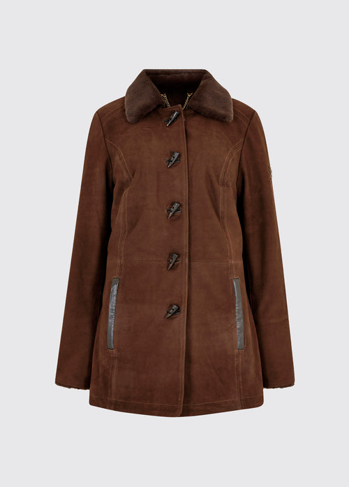 A Dubarry Clarke leather jacket, walnut brown coloured jacket has a fur collar and toggle buttons