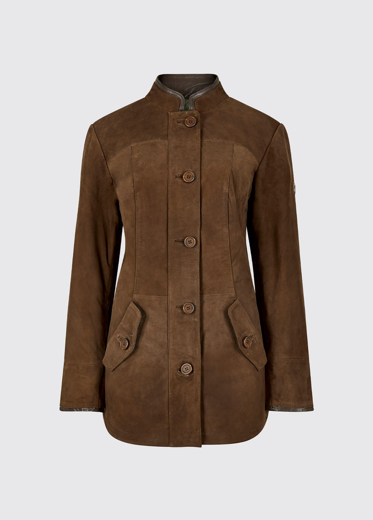 Dubarry Joyce women's mid length walnut brown coloured leather jacket with buttons