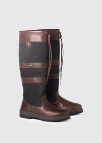Narrower calf fitting Dubarry ladies knee-high black and brown leather Galway Country Boot with laced top