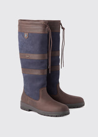 Narrower calf fitting Dubarry ladies knee-high navy and brown leather Galway Country Boot with laced top
