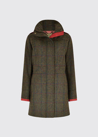Dubarry women's Hedgerow Tweed Hemlock Coat with two-way centre front zip, vertical pockets and high-collar