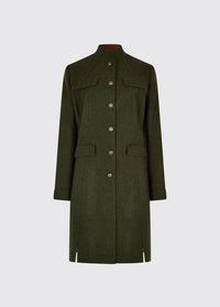 Dubarry women's Coolepark Tweed Loden Coat with a mandarin collar, four pocket flaps and button front style.