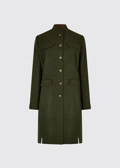 Dubarry women's Coolepark Tweed Loden Coat with a mandarin collar, four pocket flaps and button front style.