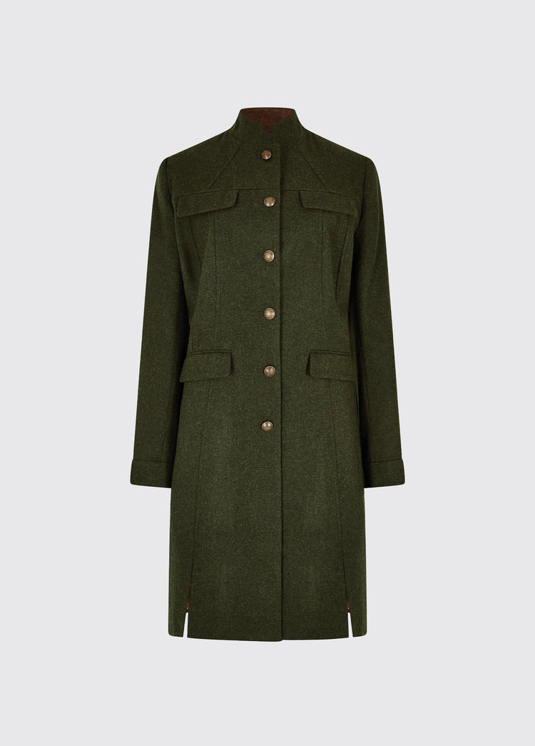 Dubarry women's Coolepark Tweed Loden Coat with a mandarin collar, four pocket flaps and button front style.
