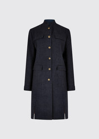 Dubarry women's Coolepark Tweed Navy Coat with button front style, double front splits and pocket flaps.